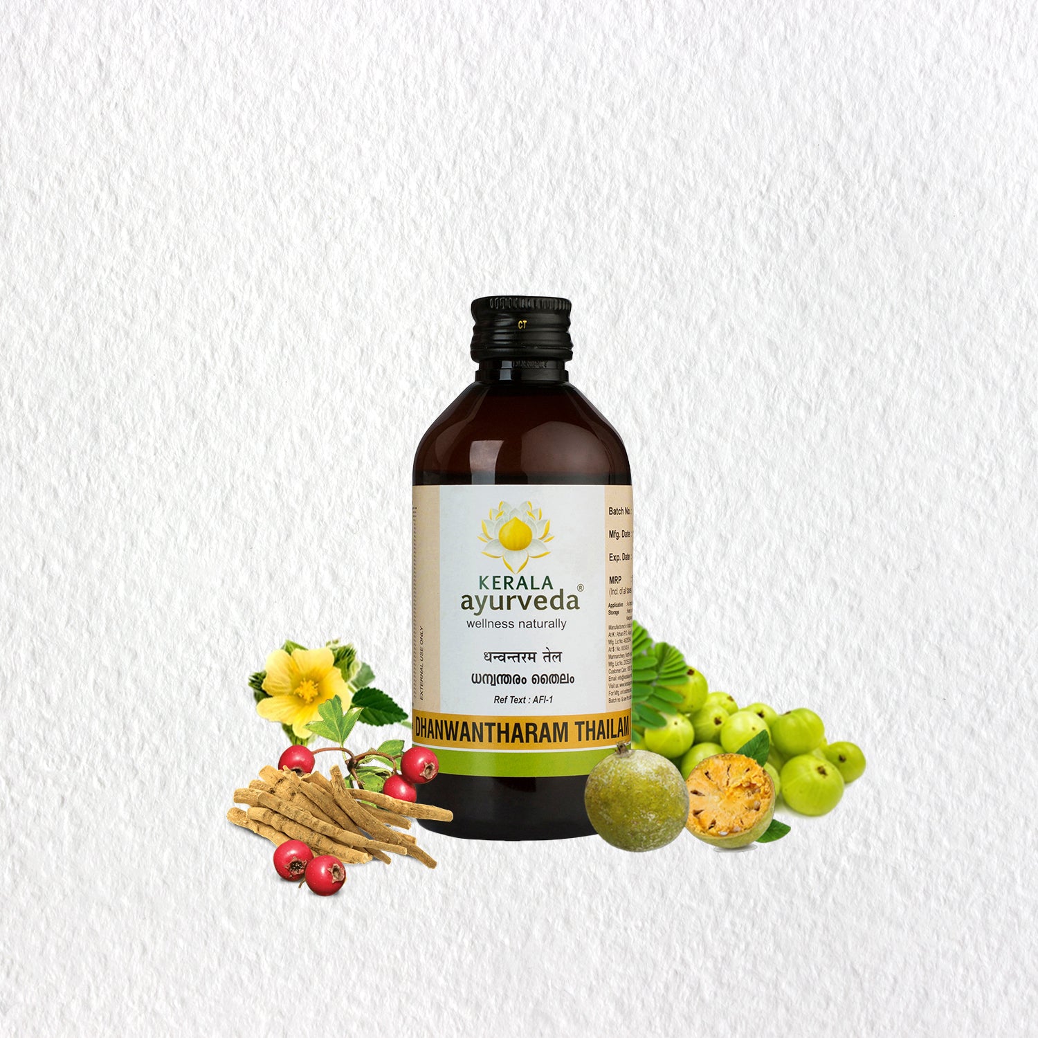 Bottle of dhanwantharam thailam surrounded by Bala, Ashwagandha, Amla and Bilva—highlighting herbal ingredients and key benefits for new mothers