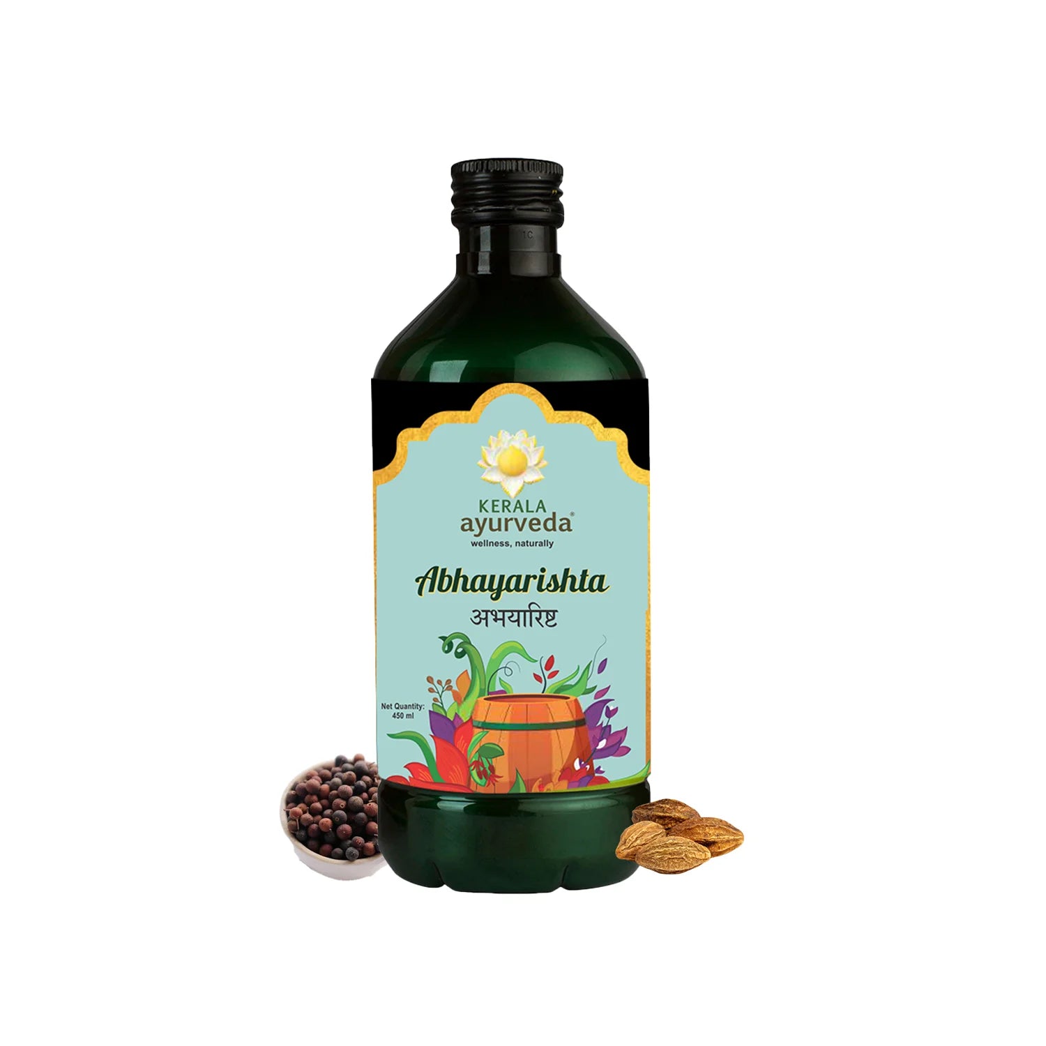 Front hero shot of Kerala Ayurveda Abhayarishta in a green glass bottle with an ornate teal label, placed beside haritaki fruit and a bowl of black peppercorns – Kerala Ayurveda India
