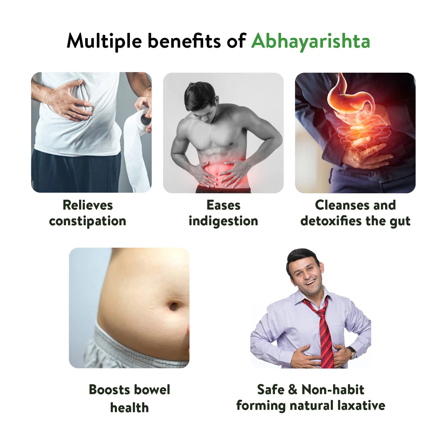 Benefits collage illustrating Abhayarishta’s actions—relieves constipation, eases indigestion, detoxifies the gut, boosts bowel health, and acts as a safe non-habit-forming laxative – Kerala Ayurveda India