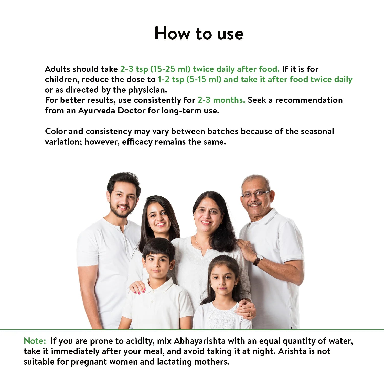 “How to use” poster: dosage directions for adults and children appear above a smiling multigenerational Indian family, emphasising safe daily use of Abhayarishta – Kerala Ayurveda India
