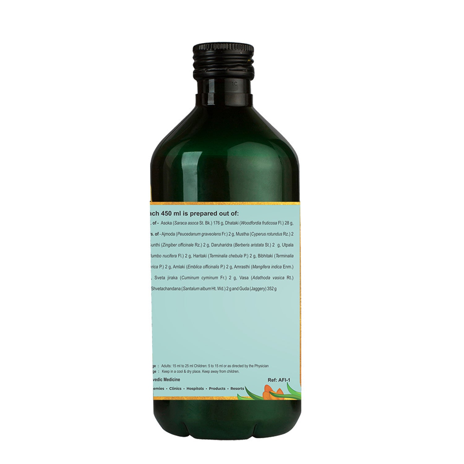 Side view of the dark green glass bottle of Kerala Ayurveda Asokarishta Arishtam, showing a detailed list of ingredients prepared per 450 ml, and dosage and storage instructions. – Kerala Ayurveda India

