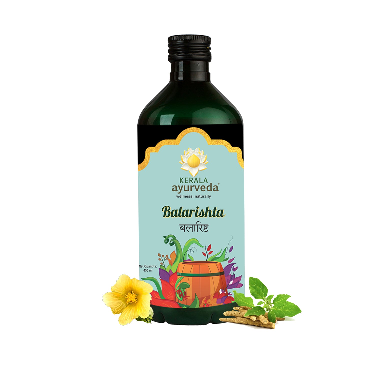  Front view of a dark-green glass bottle labeled “Balarishta / बलारिष्ट,” decorated with a colourful herbal barrel illustration and the Kerala Ayurveda lotus logo; presents Balarishtam as an Ayurvedic strength and postnatal tonic – Kerala Ayurveda India