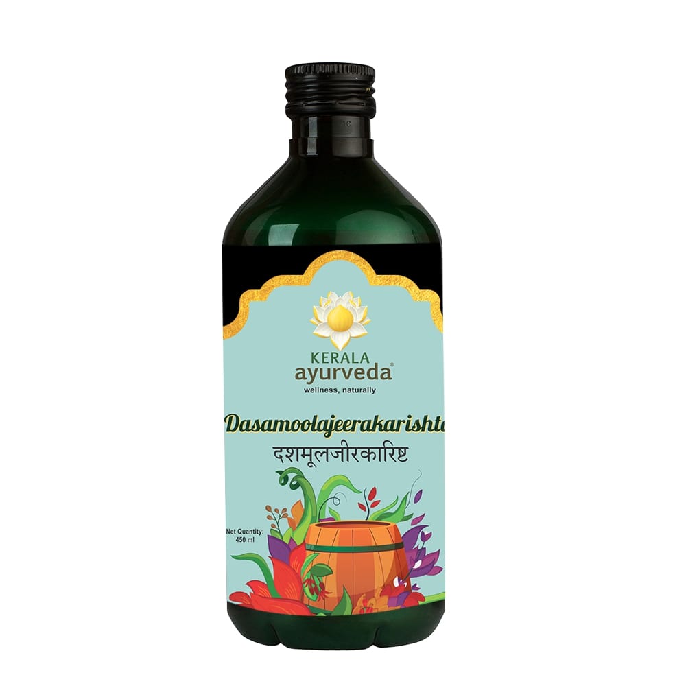 Front view of a dark green glass bottle of Kerala Ayurveda Dasamoolajeerakarishta, with a light blue label featuring floral and barrel illustrations, and the product name in English and Hindi. It indicates "Net Quantity: 450 ml." – Kerala Ayurveda India