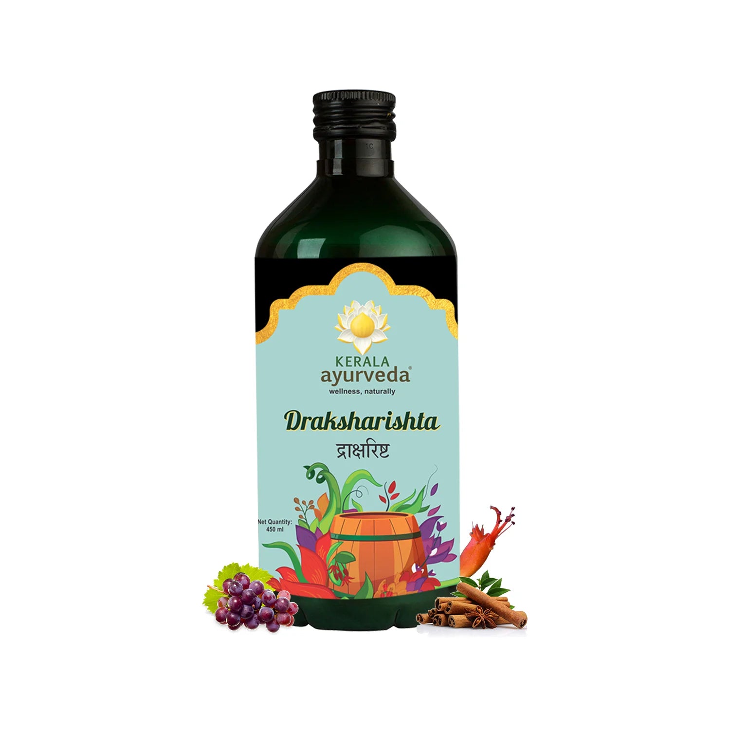 Front view of a dark green glass bottle of Kerala Ayurveda Draksharishta Arishtam, with a light blue label featuring grapes and cinnamon sticks. The label displays the product name in English and Hindi, along with "Net Quantity: 450 ml". – Kerala Ayurveda India