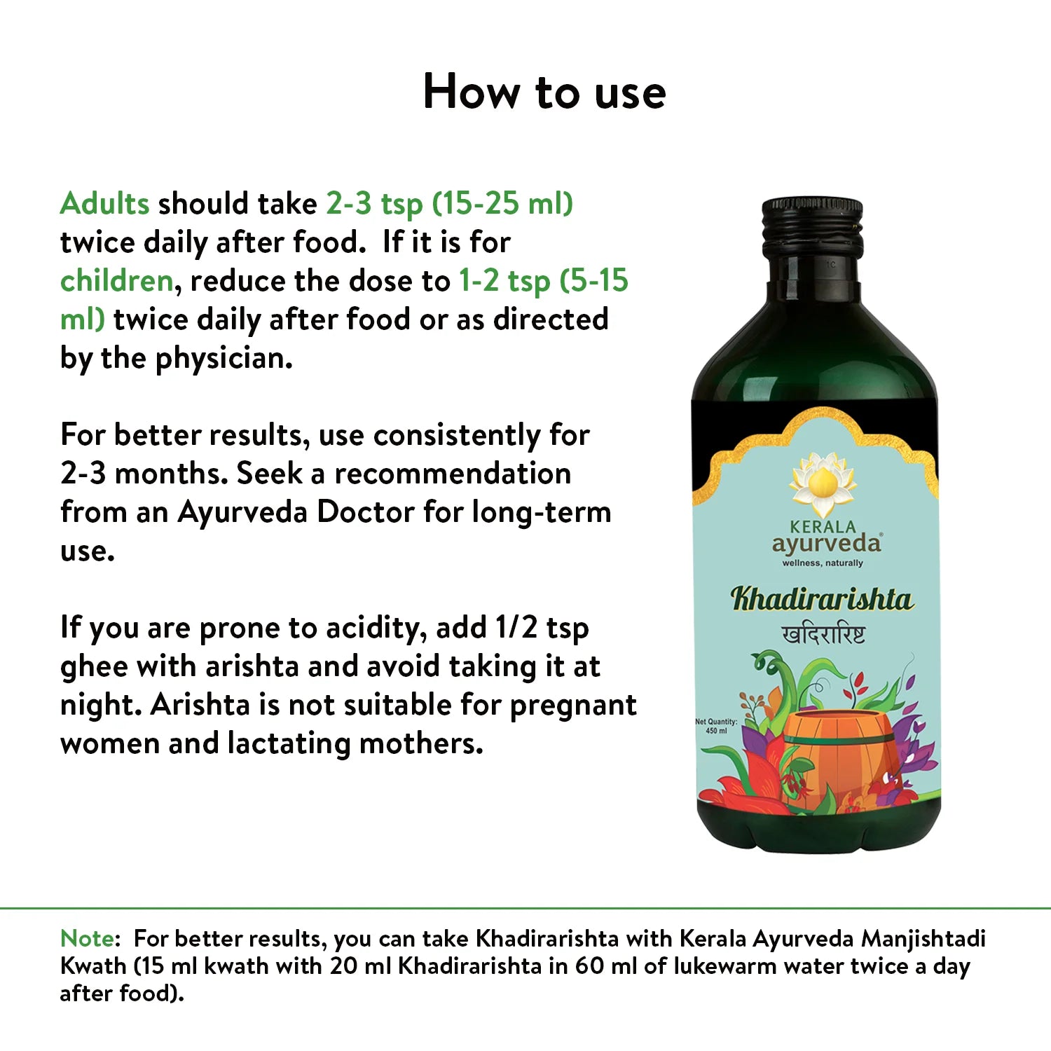 Banner titled "How to use" Khadirarishta Arishtam, providing dosage instructions for adults and children, emphasizing consistent use, and a note regarding acidity and use by pregnant/lactating mothers. – Kerala Ayurveda India