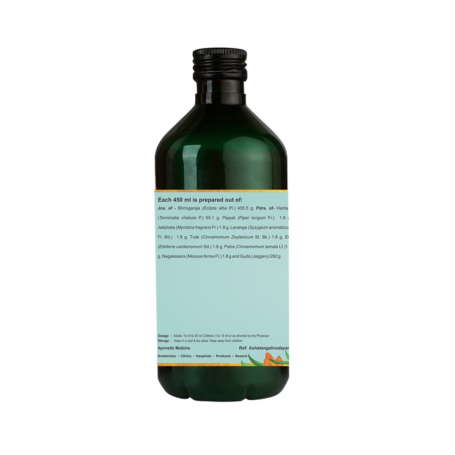 Side view of the dark green glass bottle of Kerala Ayurveda Bhringarajasava Asava, showing a detailed list of ingredients prepared per 450 ml, along with dosage and storage instructions. – Kerala Ayurveda India
