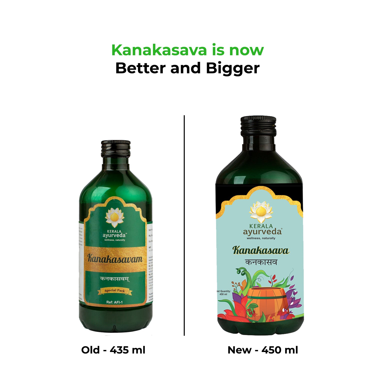 Banner comparing the old (435ml) and new (450ml) versions of Kerala Ayurveda Kanakasava bottles, stating "Kanakasava is now Better and Bigger." – Kerala Ayurveda India