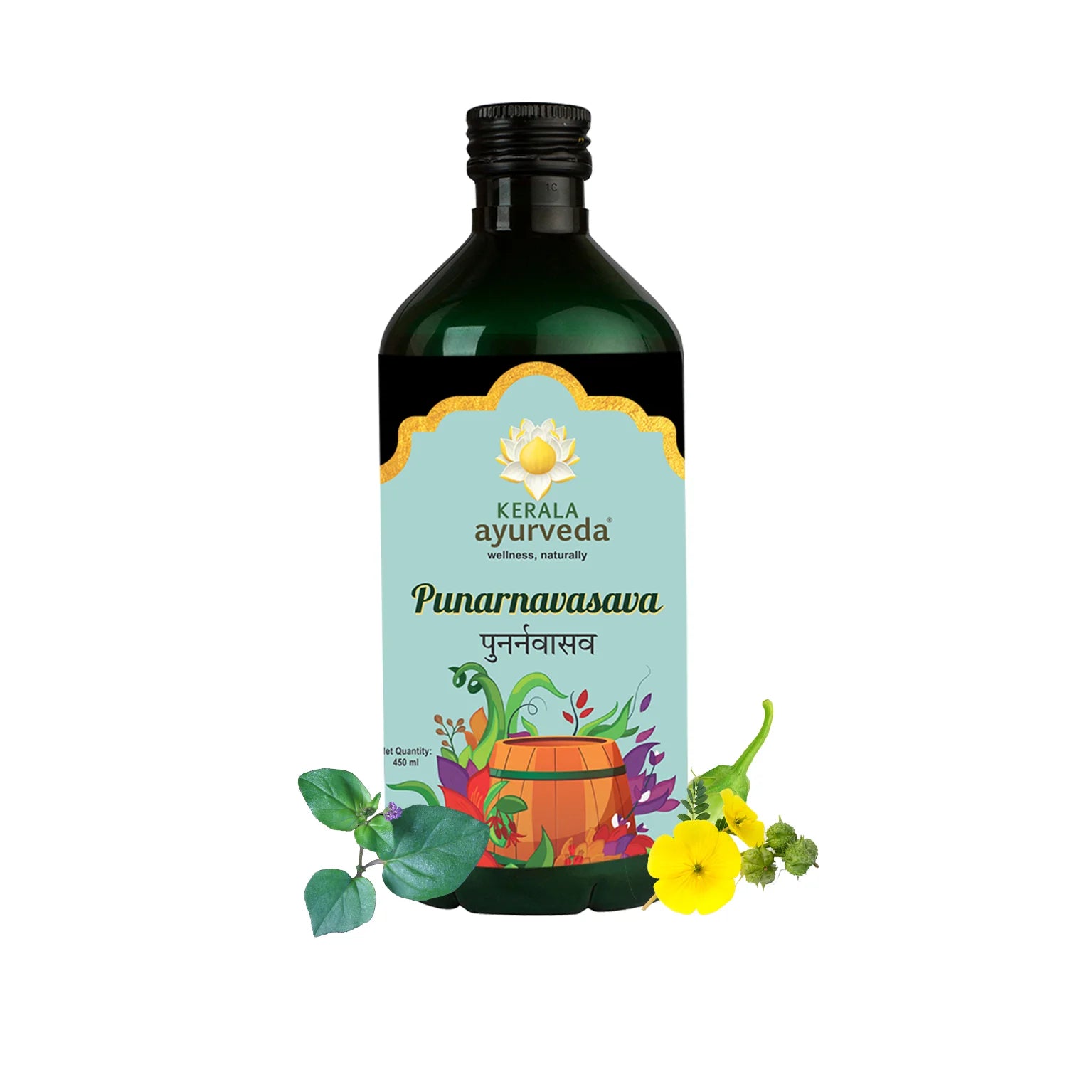 Clean studio hero shot of the Punarnavasava (punarnavasavam) bottle flanked by fresh punarnava leaves and bright yellow gokshura flowers, conveying its kidney-supporting botanical blend – Kerala Ayurveda India