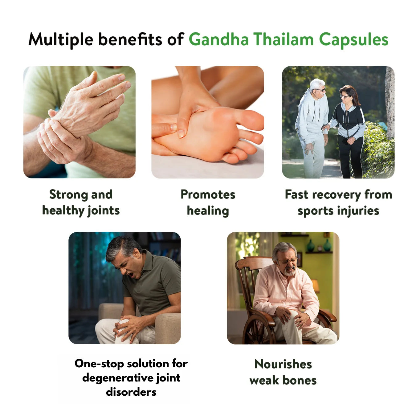 Benefits grid displaying images that highlight strong joints, healing support, faster sports-injury recovery, relief in degenerative joint disorders and bone nourishment from Gandha Thailam Capsules – Kerala Ayurveda India