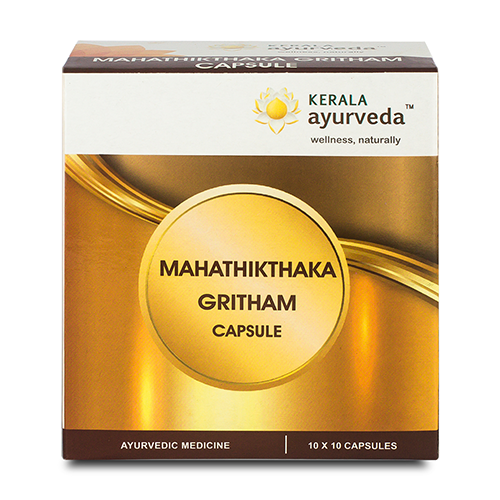 Front-on product shot of the Kerala Ayurveda Mahathikthaka Gritham capsule pack, featuring a gold circular emblem and “10 × 10 capsules” label – Kerala Ayurveda India