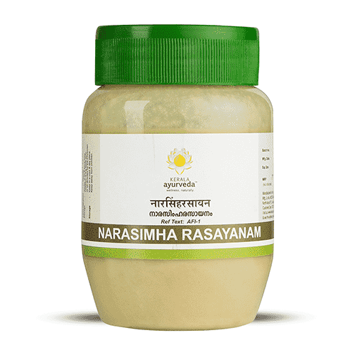 Front view of a clear plastic jar with a green lid, filled with light yellow Kerala Ayurveda Narasimha Rasayanam. The label displays the product name in English and Devanagari script, along with the Kerala Ayurveda logo. – Kerala Ayurveda India