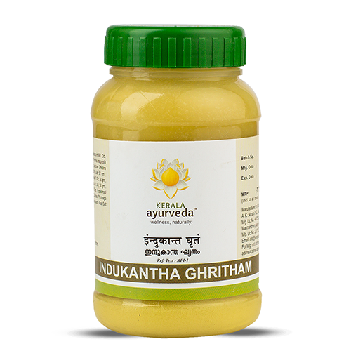 Front view of a clear plastic jar with a green lid, containing yellowish Kerala Ayurveda Indukantha Ghritham. The label displays the product name in English and Devanagari script, along with the Kerala Ayurveda logo. – Kerala Ayurveda India