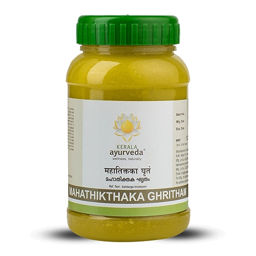 Front view of Kerala Ayurveda Mahathikthaka Ghritham: translucent yellow-green ghee in 150 ml jar with green screw cap, lotus logo and bilingual product name band.
