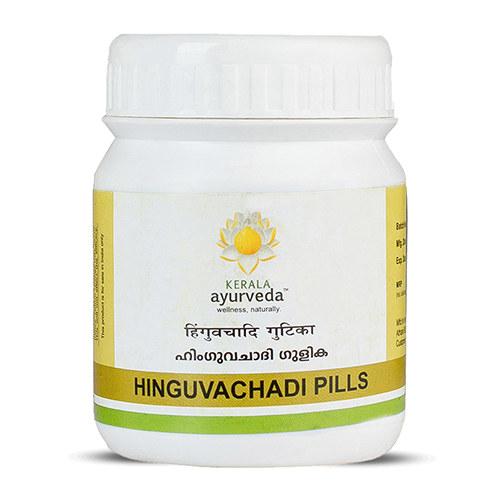 White plastic jar of Hingu­vachadi Pills with Kerala Ayurveda lotus logo on front, lime-green and gold accent band and Malayalam script beneath the English name – Kerala Ayurveda India


