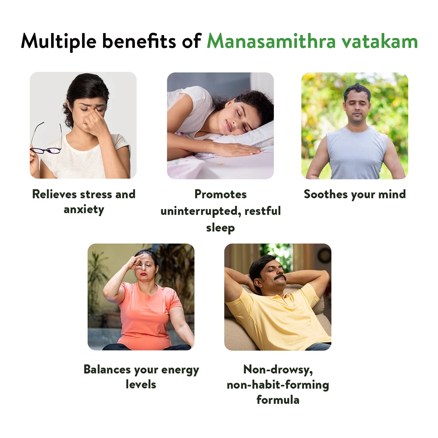 Benefits collage with five photos and captions—relieves stress & anxiety, promotes restful sleep, soothes the mind, balances energy levels, non-drowsy non-habit-forming formula—under the title “Multiple benefits of Manasamithra Vatakam.” – Kerala Ayurveda India