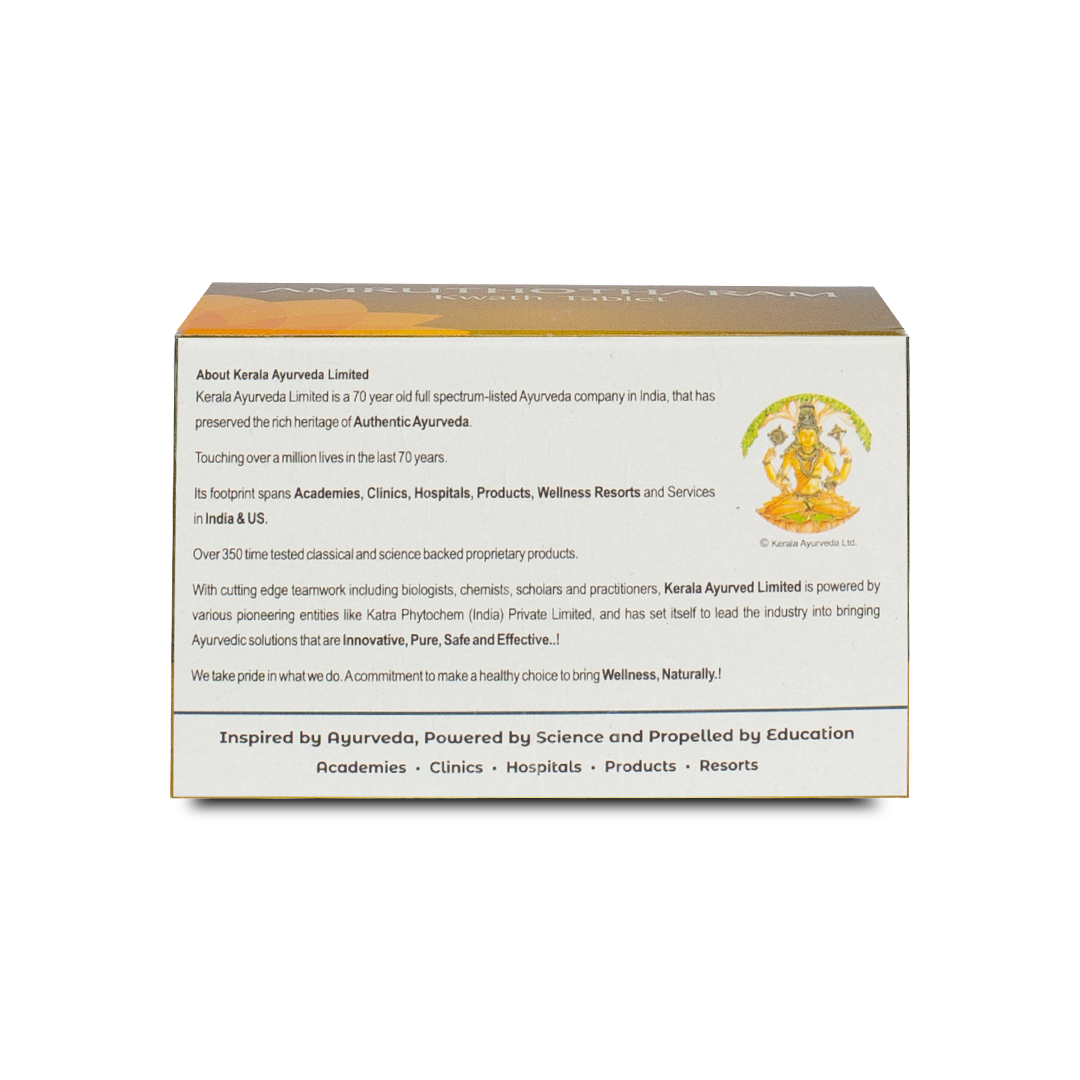 Side view of the Kerala Ayurveda Amruthotharam Kwath Tablet box, providing extensive information about Kerala Ayurveda Limited, its 70-year legacy, and commitment to authentic Ayurvedic solutions. – Kerala Ayurveda India

