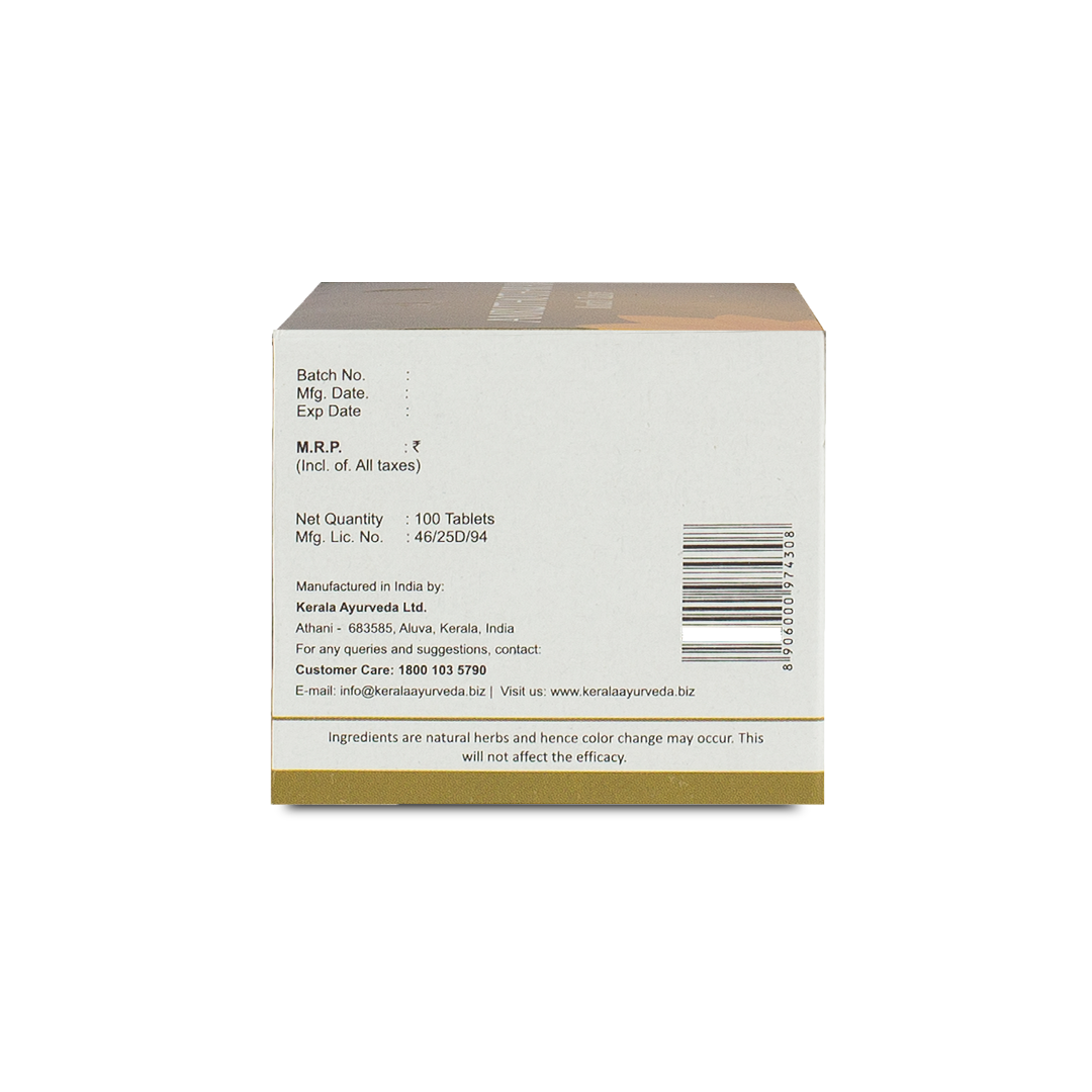 Back view of the Kerala Ayurveda Amruthotharam Kwath Tablet box, showing the net quantity of 100 tablets, manufacturing details, customer care contact, and a barcode. – Kerala Ayurveda India