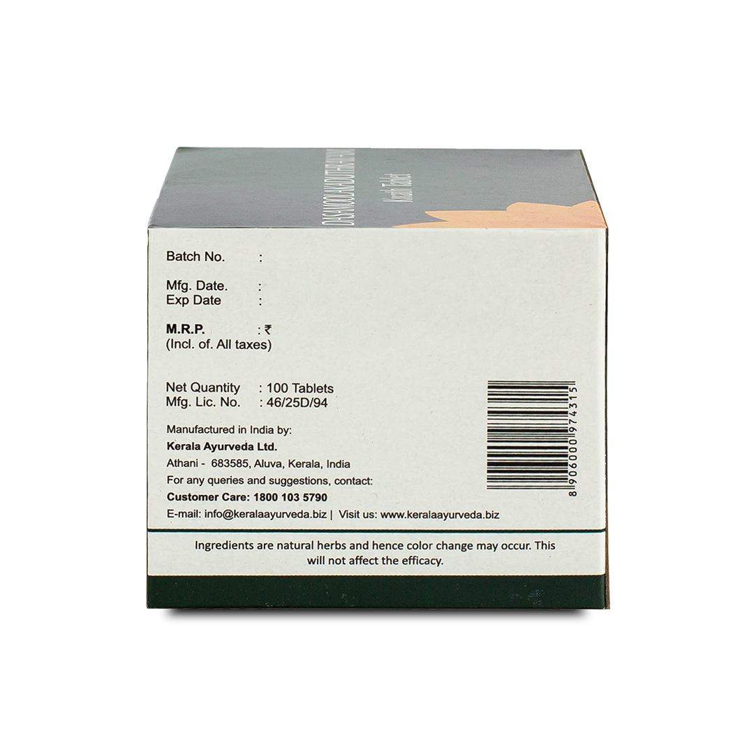  Back view of the Kerala Ayurveda Dasamoolakaduthrayam Kwath Tablet box, showing the net quantity of 100 Tablets, manufacturing details, customer care contact, and a barcode. – Kerala Ayurveda India