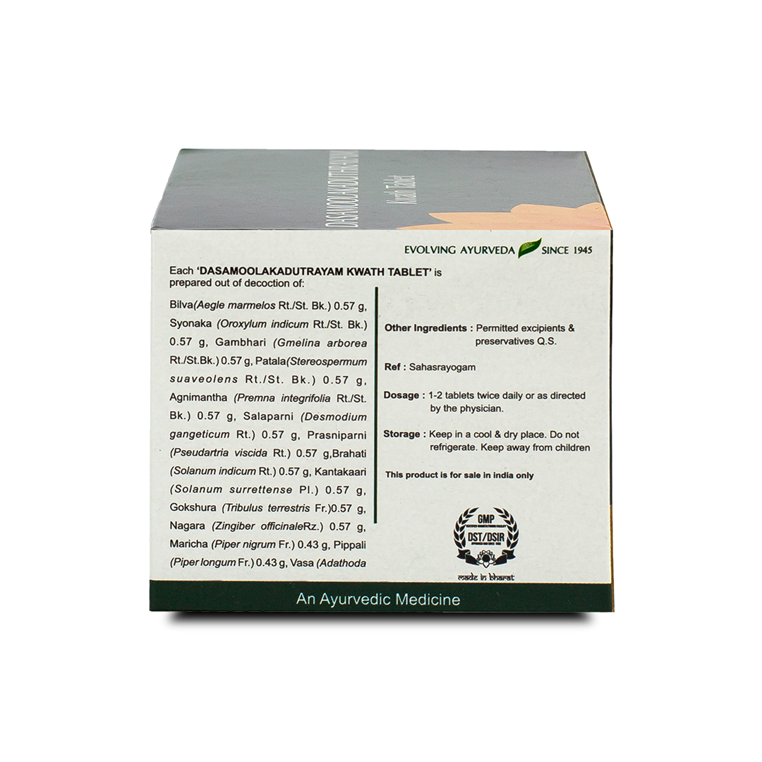 Side view of the Kerala Ayurveda Dasamoolakaduthrayam Kwath Tablet box, detailing the ingredients prepared from decoction, including Bilva, Syanaka, and Gambhari. It also lists other ingredients, dosage (1-2 tablets twice daily), and storage instructions. – Kerala Ayurveda India