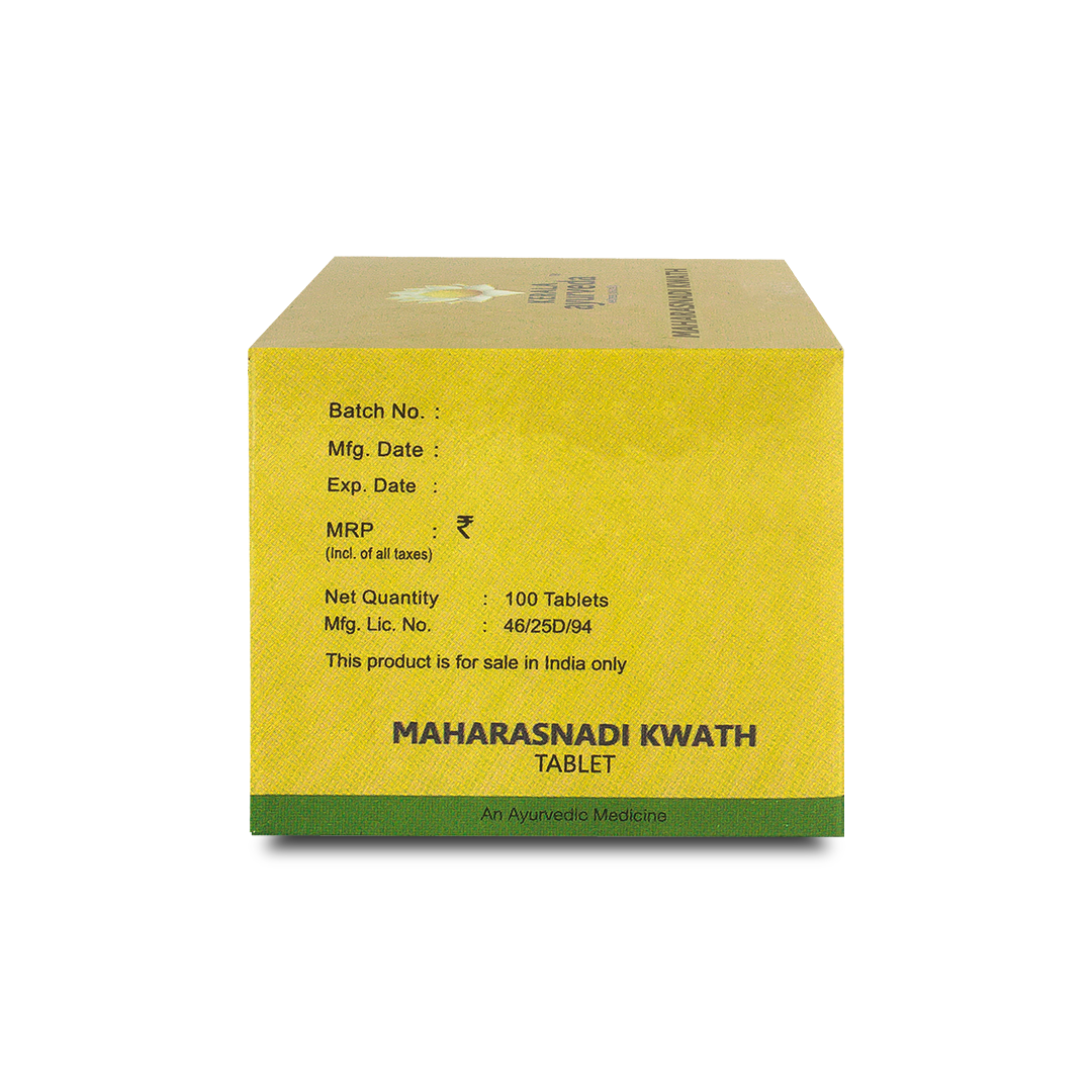 Back view of the Kerala Ayurveda Maharasnadi Kwath Tablet box, showing the net quantity of 100 Tablets, manufacturing details, customer care contact, and a barcode. – Kerala Ayurveda India

