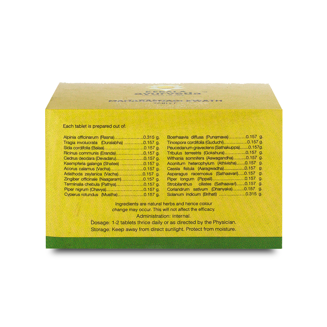 Side view of the Kerala Ayurveda Maharasnadi Kwath Tablet box, detailing the extensive list of ingredients per tablet, including Rasna, Punarnava, and Guduchi. It also lists dosage (1-2 tablets thrice daily) and storage instructions. – Kerala Ayurveda India