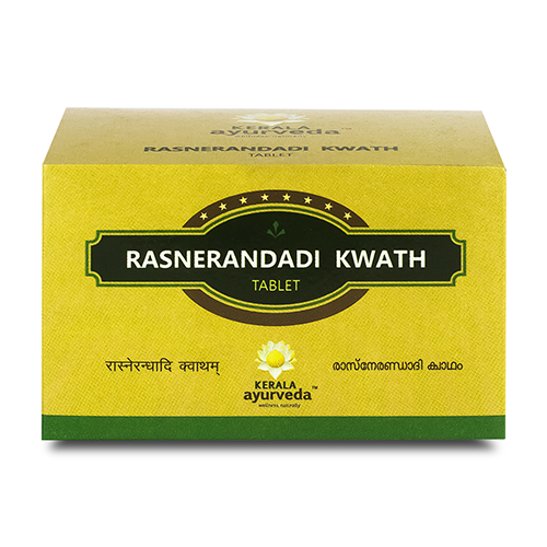Front view of the Kerala Ayurveda Rasnerandadi Kwath Tablet box, with a yellow background and a prominent black label displaying "RASNERANDADI KWATH TABLET" in English and regional scripts. – Kerala Ayurveda India