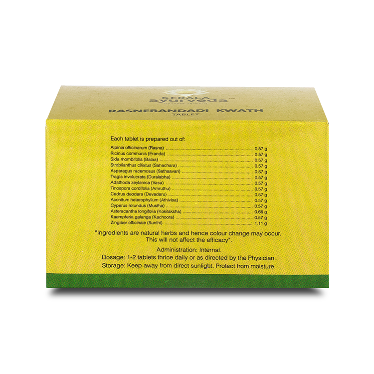 Side view of the Kerala Ayurveda Rasnerandadi Kwath Tablet box, detailing the ingredients per tablet, administration, dosage (1-2 tablets thrice daily), and storage instructions. – Kerala Ayurveda India