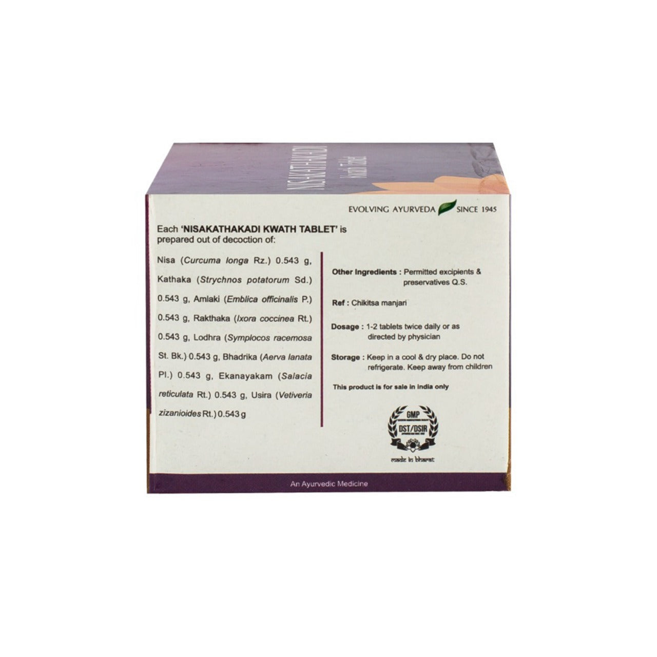 Side view of the Kerala Ayurveda Nisakathakadi Kwath Tablet box, detailing the ingredients per tablet from decoction, other excipients, dosage (1-2 tablets twice daily), and storage instructions. – Kerala Ayurveda India