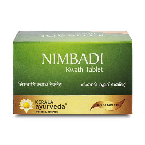 Front view of the Kerala Ayurveda Nimbadi Kwath Tablet box, with a green gradient design. The product name "NIMBADI Kwath Tablet" is prominent in English and regional scripts, and it indicates "10 X 10 TABLETS". – Kerala Ayurveda India