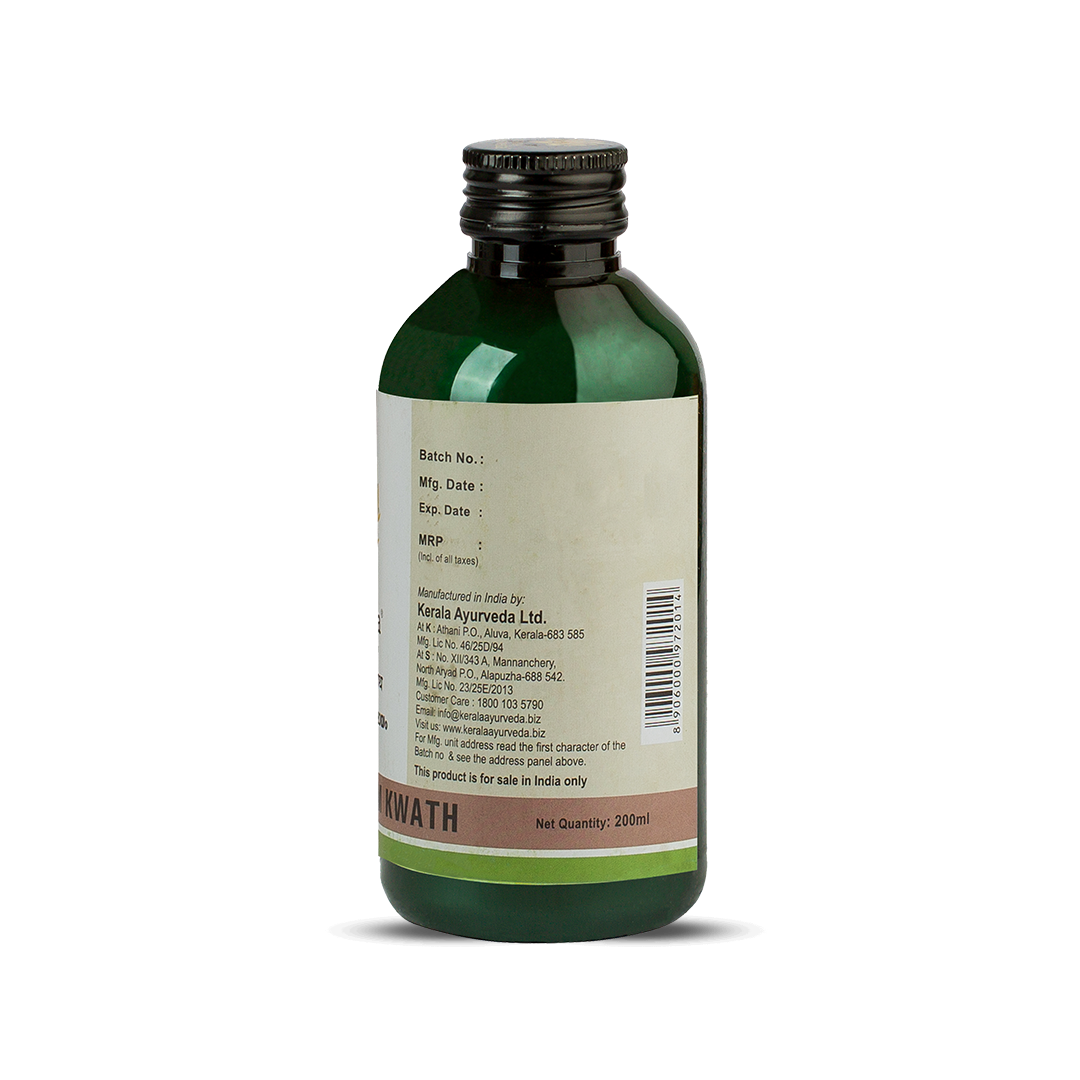 Opposite side of the Amruthotharam Kwath bottle showing batch details, barcode, manufacturer address, and 200 ml net quantity information – Kerala Ayurveda India