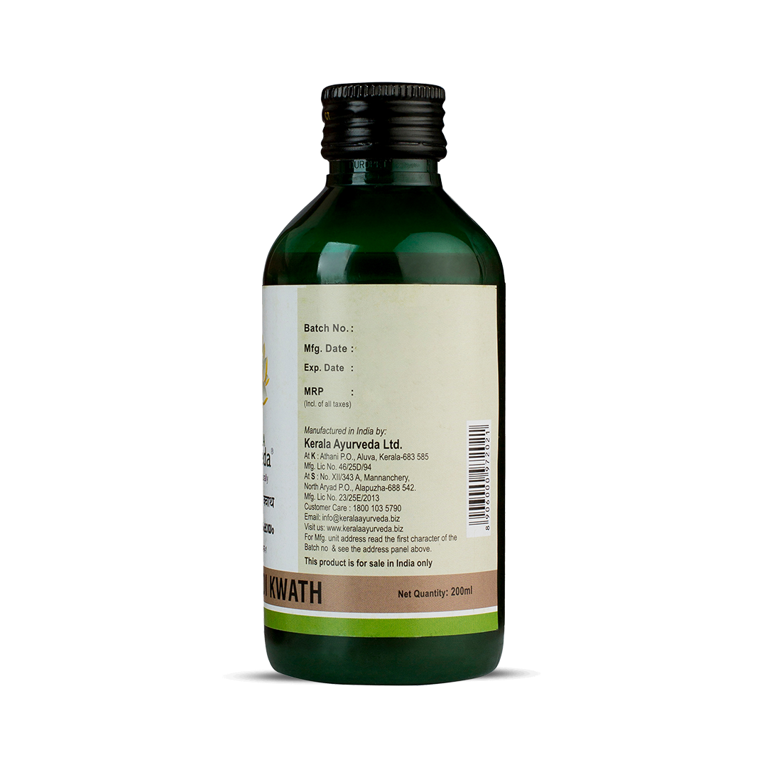 Back view of the dark green glass bottle of Kerala Ayurveda Aragwadadi Kwath, displaying the net quantity of 200ml, manufacturing details, customer care information, and a barcode. – Kerala Ayurveda India