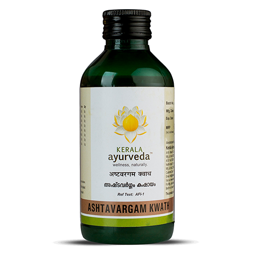 Front view of a dark green glass bottle of Kerala Ayurveda Ashtavargam Kwath, with a cream-colored label displaying the product name in English and Malayalam script, along with the Kerala Ayurveda logo. – Kerala Ayurveda India