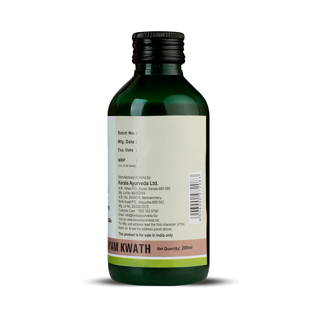 Back view of the dark green glass bottle of Kerala Ayurveda Dasamoolakaduthrayam Kwath, displaying the net quantity of 200ml, manufacturing details, customer care information, and a barcode. – Kerala Ayurveda India