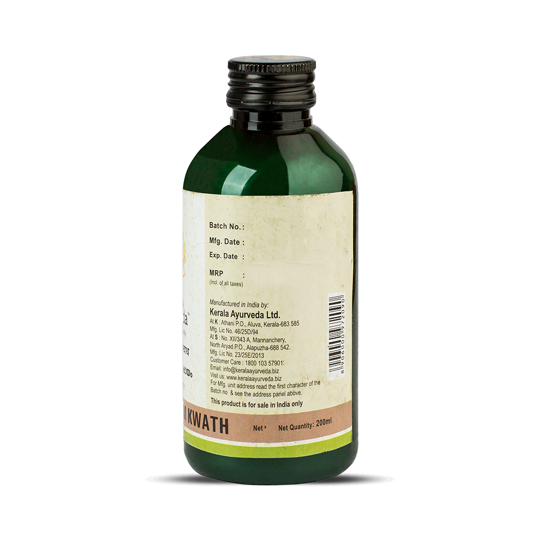 Back view of the dark green glass bottle of Kerala Ayurveda Dasamoolam Kwath, displaying the net quantity of 200ml, manufacturing details, customer care information, and a barcode. – Kerala Ayurveda India