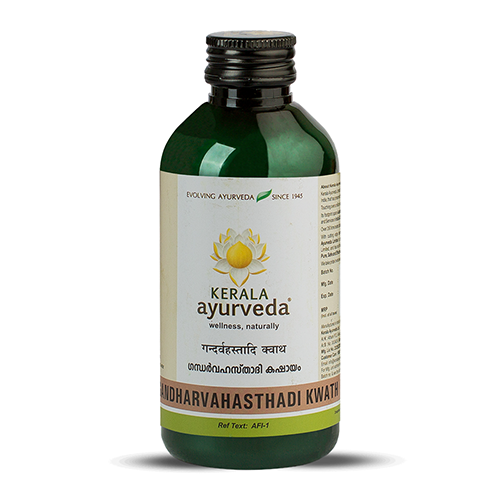 Front view of a dark green glass bottle of Kerala Ayurveda Gandharvahasthadi Kwath, with a cream-colored label displaying the product name in English and Malayalam script, along with the Kerala Ayurveda logo. – Kerala Ayurveda India