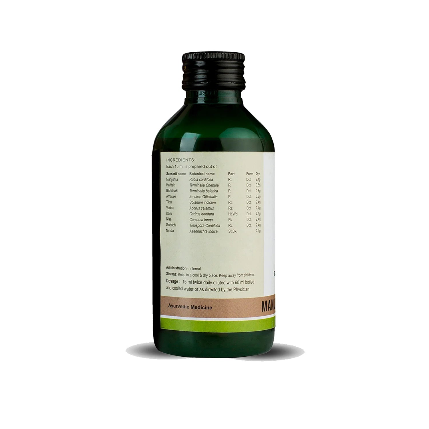 Side view of the dark green glass bottle of Kerala Ayurveda Manjishtadi Kwath, showing a detailed list of ingredients prepared per 15 ml, and administration, dosage, and storage instructions for this Ayurvedic medicine. – Kerala Ayurveda India