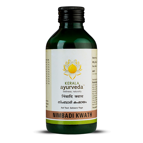 Front view of a dark green glass bottle of Kerala Ayurveda Nimbadi Kwath, with a cream-colored label displaying the product name in English and Malayalam script, along with the Kerala Ayurveda logo. – Kerala Ayurveda India