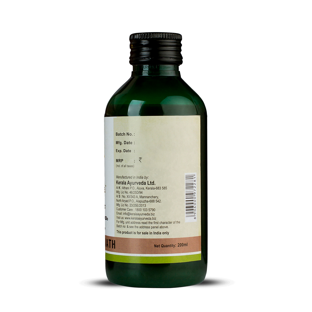 Back view of the dark green glass bottle of Kerala Ayurveda Nimbadi Kwath, displaying the net quantity of 200ml, manufacturing details, customer care information, and a barcode. – Kerala Ayurveda India