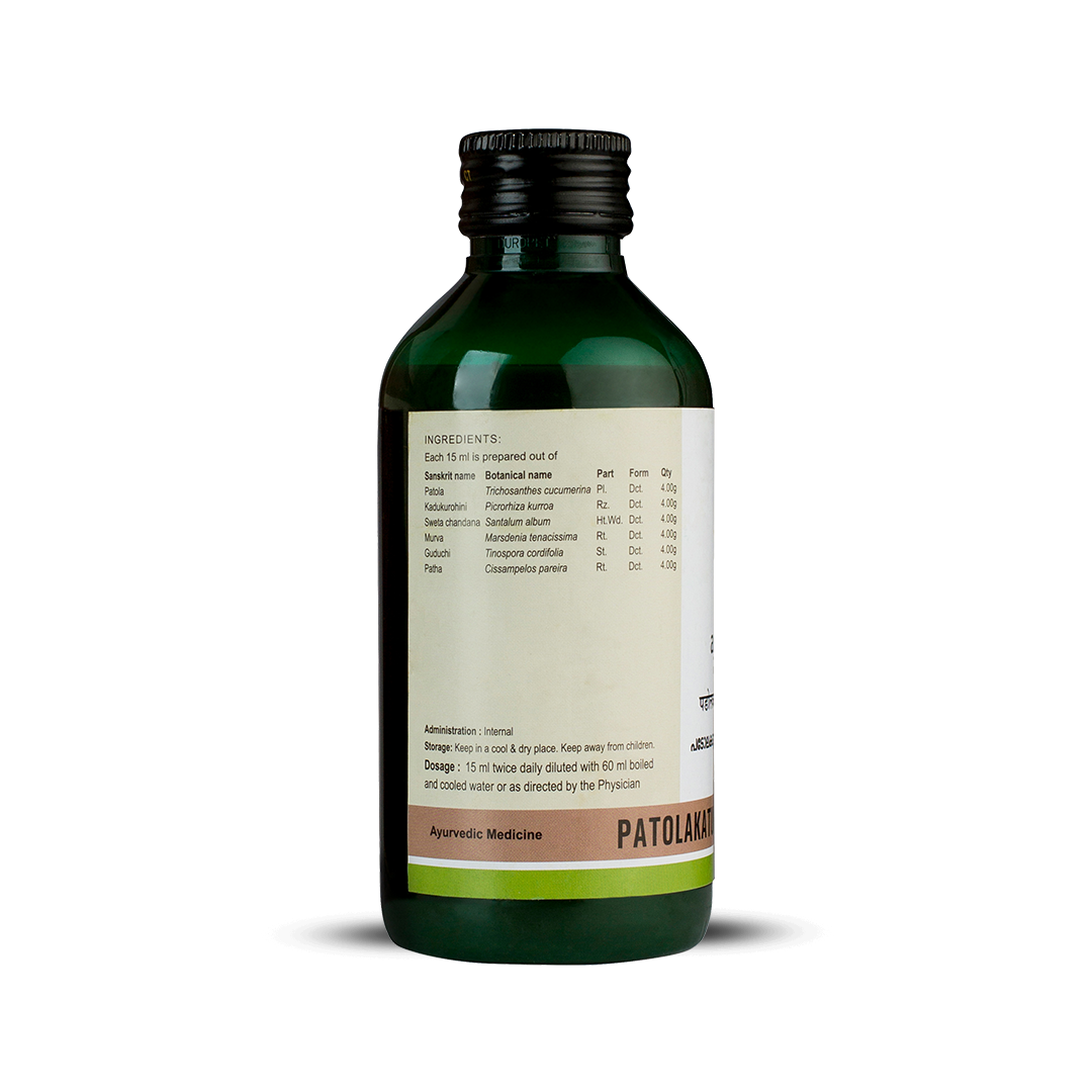 Side view of the dark green glass bottle of Kerala Ayurveda Patolakatukurohinyadi Kwath, showing a detailed list of ingredients prepared per 15 ml, including botanical names like Trichosanthes cucumerina and Picrorhiza kurroa. Administration, dosage (15 ml twice daily diluted with 60 ml water), and storage instructions are also visible. – Kerala Ayurveda India