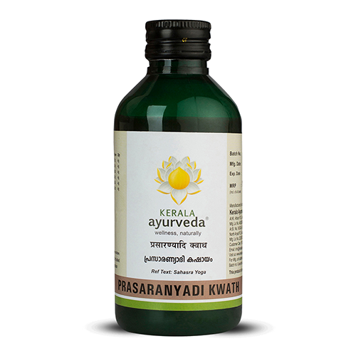 Front view of a dark green glass bottle of Kerala Ayurveda Prasaranyadi Kwath, with a cream-colored label displaying the product name in English and Malayalam script, along with the Kerala Ayurveda logo. – Kerala Ayurveda India