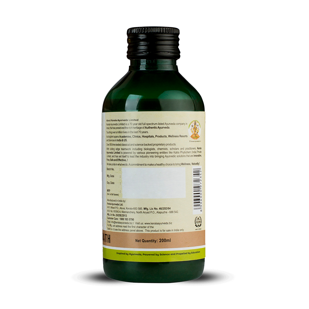 Back label of the Punarnavadi Kwath bottle displaying Kerala Ayurveda Limited’s 70-year heritage note, barcode and batch details – Kerala Ayurveda India