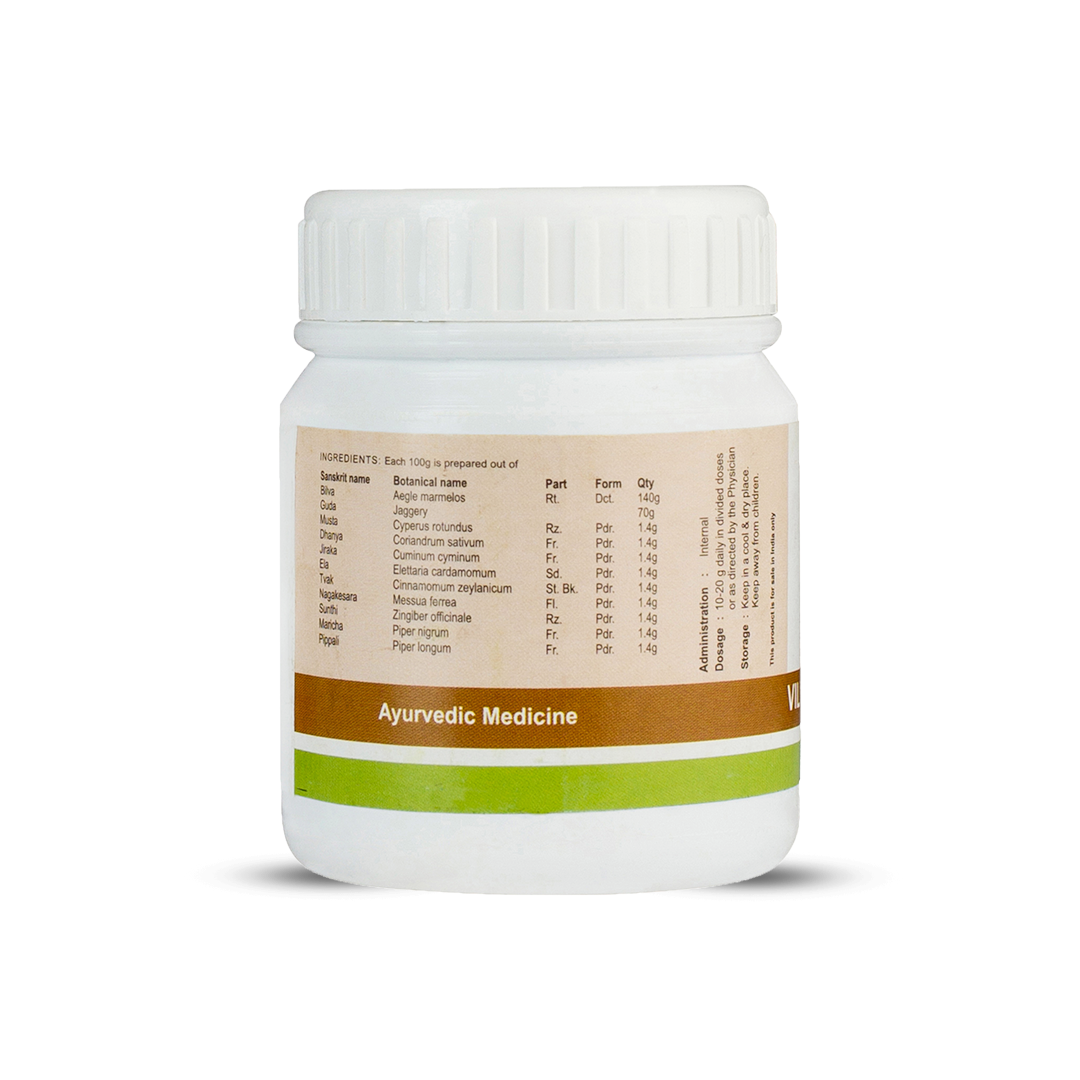 Back of a white jar of Ayurvedic medicine, stating "Net Quantity: 100 g." and manufacturing details for Kerala Ayurveda Ltd. Barcode visible on the right. – Kerala Ayurveda India