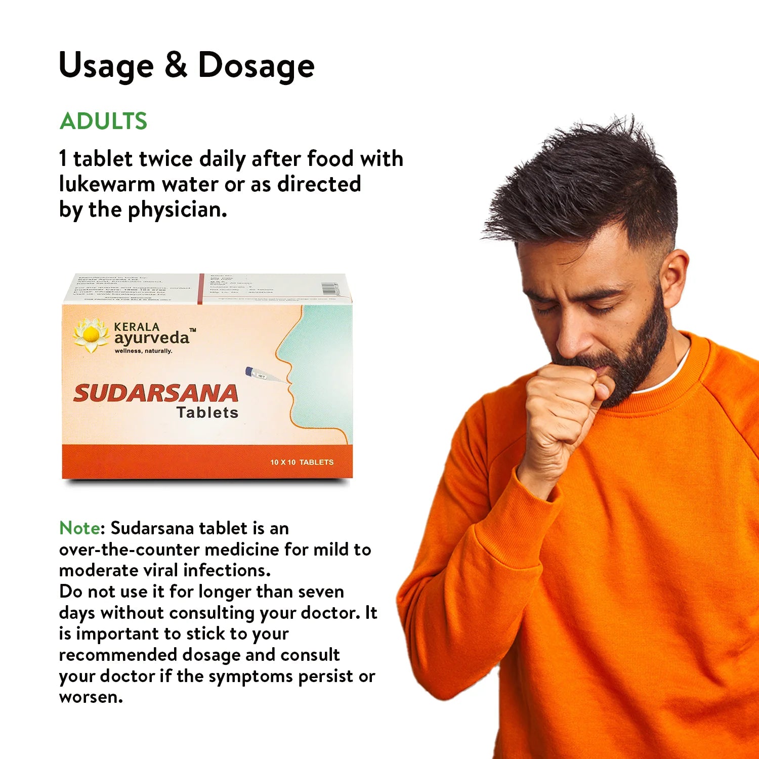 Adult man coughing beside clear directions to take one Sudarsana Tablet twice daily with lukewarm water; note warns to limit self-use to seven days and consult a physician if viral symptoms persist – Kerala Ayurveda India
