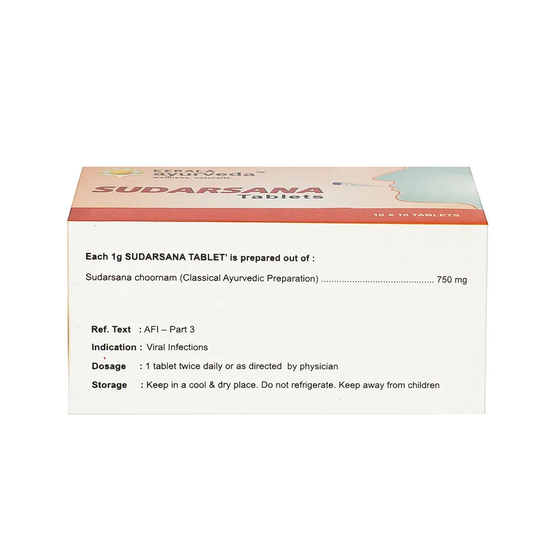 Side view of Sudarsana Tablet pack showing full dosage, storage and formulation panel for the herbal fever tablet, highlighting each 1 g sudarsana ghanvati (choornam) composition and doctor-recommended usage – Kerala Ayurveda India