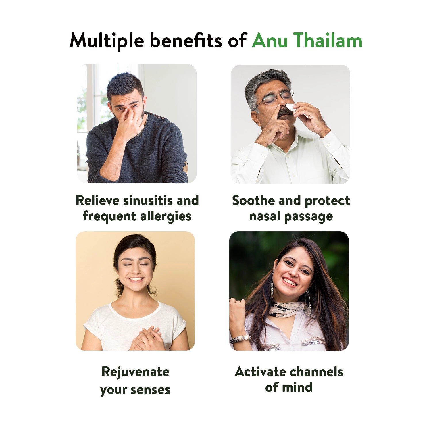 Anu Thailam benefits poster showing relief from sinusitis, frequent allergies, nasal dryness and revitalised senses – Kerala Ayurveda India