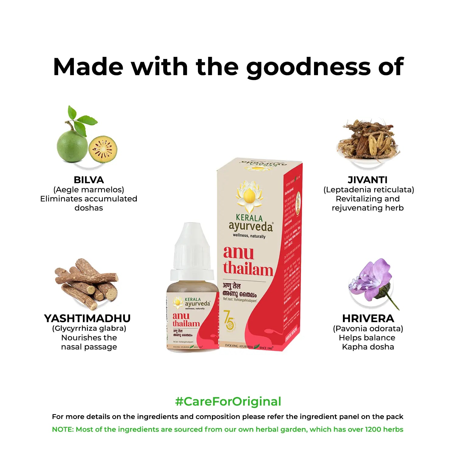 Anu Thailam made with bilva, jivanti, yashtimadhu and hrivira herbs that support nasal passage health and deliver Anu Thailam benefits – Kerala Ayurveda India