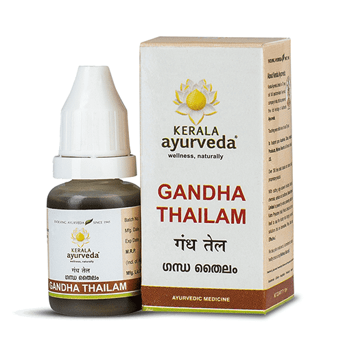 Front view of a small brown bottle of Kerala Ayurveda Gandha Thailam with a white dropper top, next to its product box. The label and box prominently display "GANDHA THAILAM" in English and Hindi. – Kerala Ayurveda India