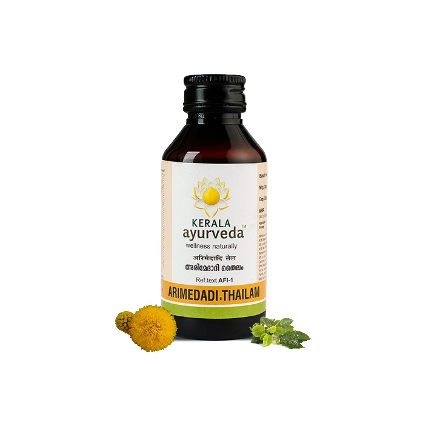 Front view of a dark brown glass bottle of Kerala Ayurveda Arimedadi Thailam, with a cream-colored label displaying the product name in English and Malayalam script. It is surrounded by a yellow pompom flower and mint leaves. – Kerala Ayurveda India