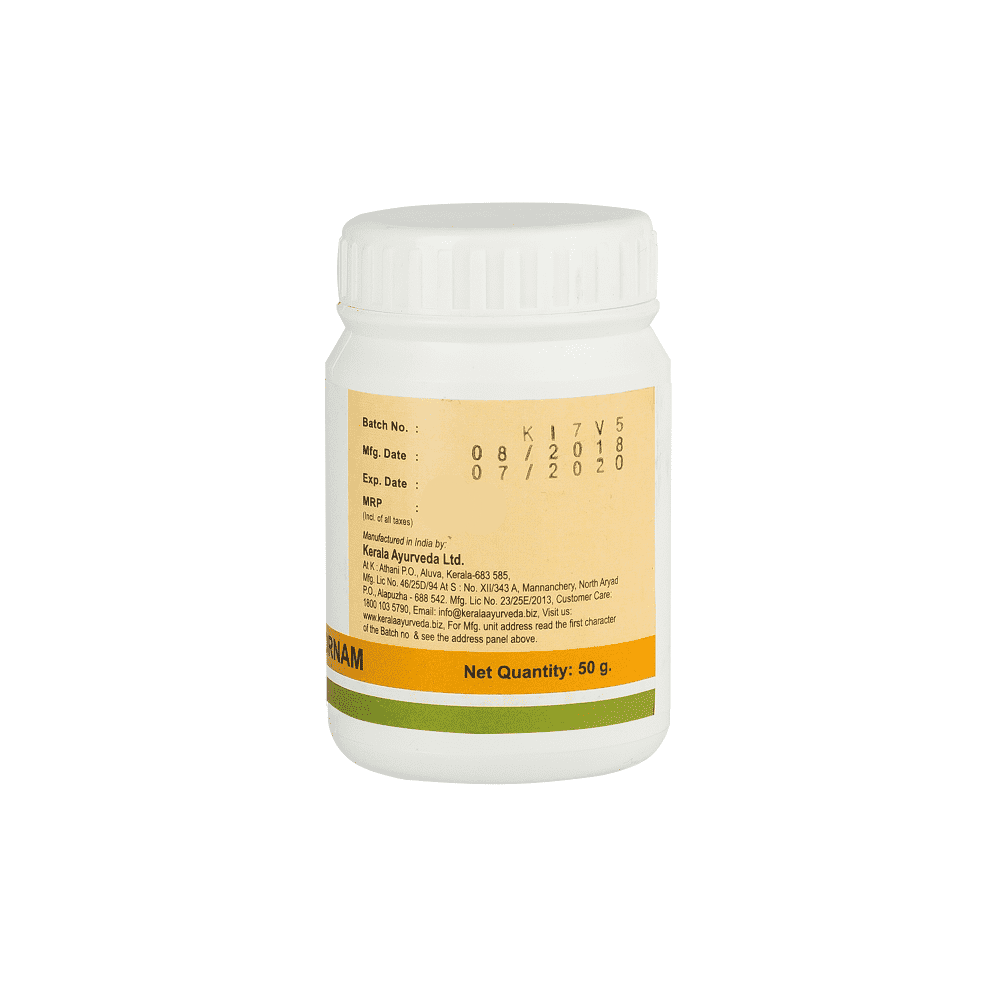 Back view of the Triphala Choornam jar, displaying manufacturing and expiration dates, net quantity 50g, manufacturing details by Kerala Ayurveda Ltd., customer care contact, and a barcode. – Kerala Ayurveda India