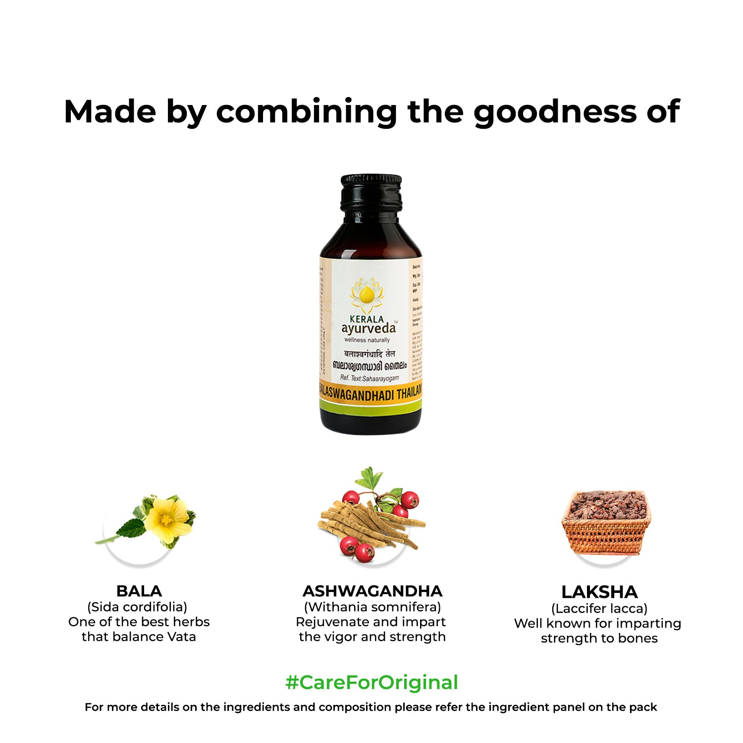 Ingredient spotlight – Bottle of Balaswagandhadi Thailam centred above illustrations of Bala flower, rejuvenating Ashwagandha and strengthening Laksha resin that power this baby massage oil – Kerala Ayurveda India
